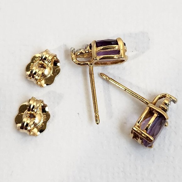True VTG 80s 14K Solid Gold Natural Amethyst & Diamond Stud Earrings - Picture 7 of 15